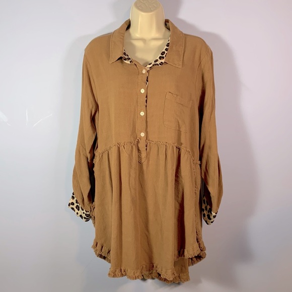 Umgee leopard print trim camel tan linen cotton blend collared tunic raw hem XL - Picture 1 of 9